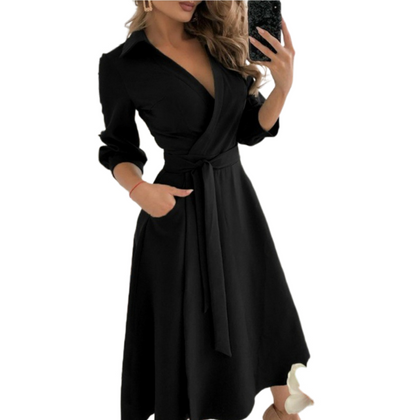 Robe Portefeuille Femme - Décolleté en V - Taille Cintrée avec Ceinture - Midi à Manches Trois Quarts