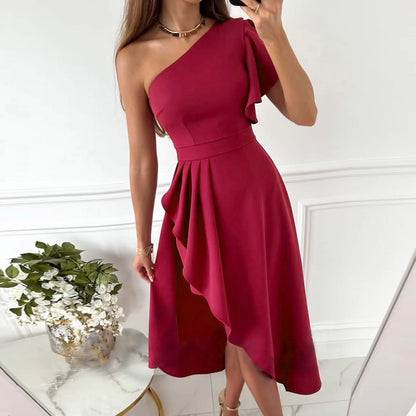 Robe Midi Femme à Épaule Unique – Ourlet Asymétrique Haut-Bas – Vêtements Formels Élégants