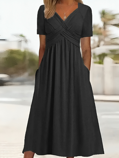 Robe A-Line Femme - Décolleté Croisé - Manches Courtes - Longueur Genou avec Poches - Aurelles