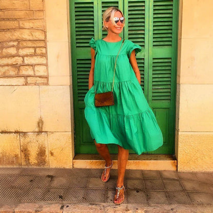 Robe A-Ligne Femme - Longueur Genou - Manches Courtes - Appliqué Floral - Léger - Aurelles