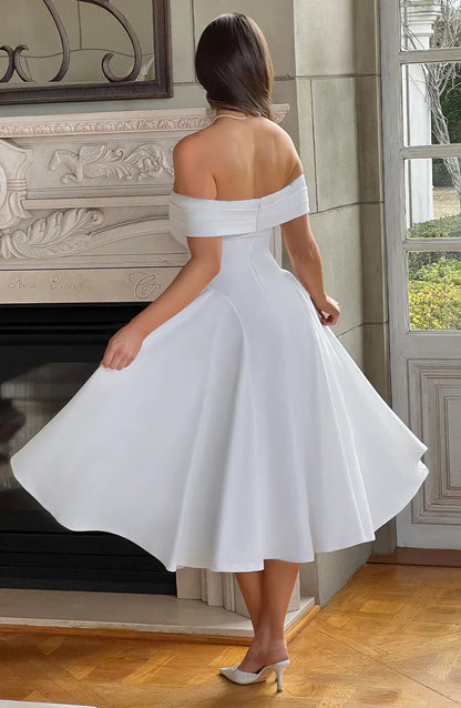 Robe Midi Femme Décolleté - Corsage Ajusté - Jupe Évasée A-Line - Tenue Formelle Élégante