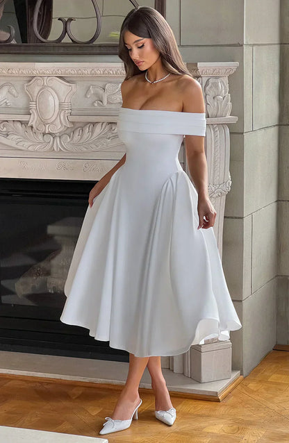 Robe Midi Femme Décolleté - Corsage Ajusté - Jupe Évasée A-Line - Tenue Formelle Élégante