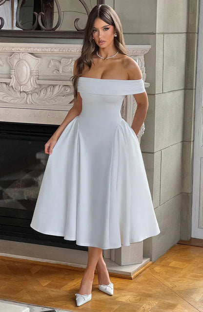 Robe Midi Femme Décolleté - Corsage Ajusté - Jupe Évasée A-Line - Tenue Formelle Élégante