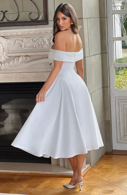 Robe Midi Femme Décolleté - Corsage Ajusté - Jupe Évasée A-Line - Tenue Formelle Élégante