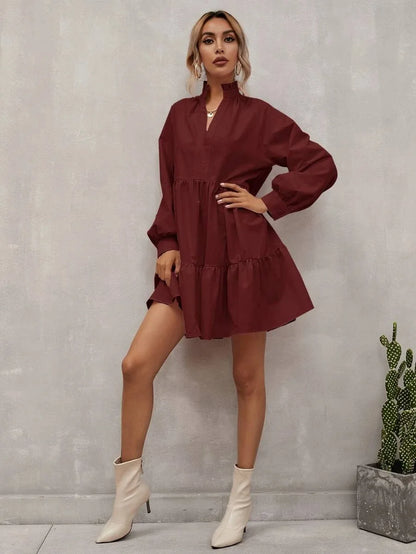 Robe A-Ligne Femme - Coupe Flottante à Volants - Manches Longues Col V - Élégante et Légère - Aurelles