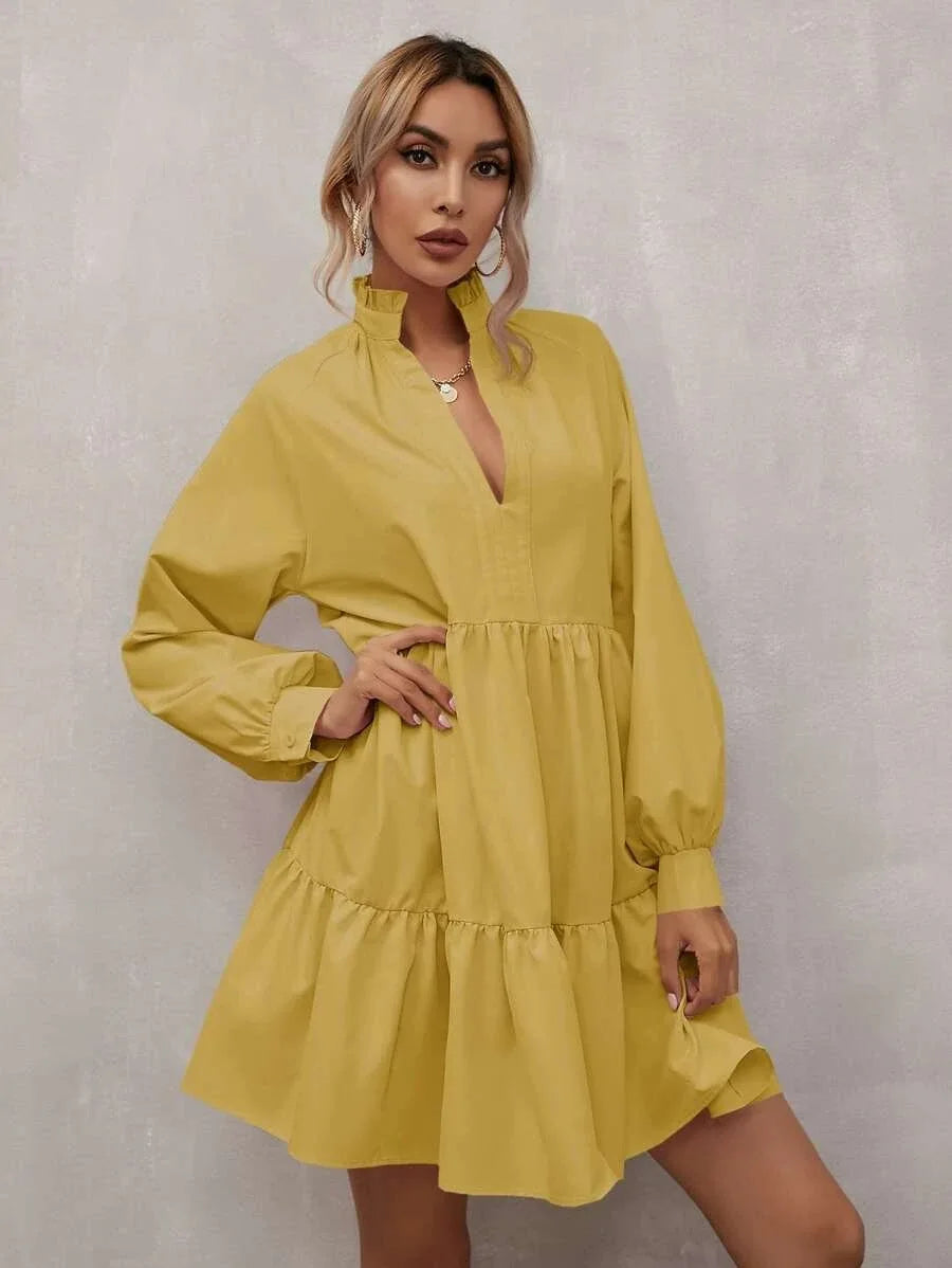 Robe A-Ligne Femme - Coupe Flottante à Volants - Manches Longues Col V - Élégante et Légère - Aurelles