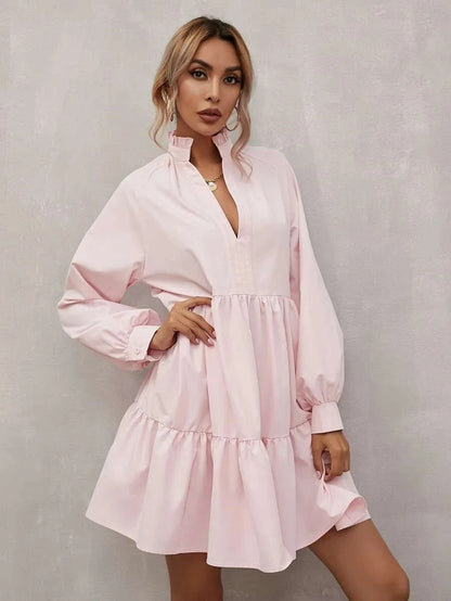 Robe A-Ligne Femme - Coupe Flottante à Volants - Manches Longues Col V - Élégante et Légère - Aurelles