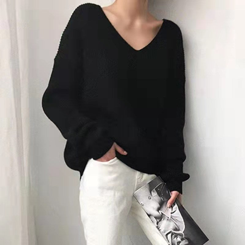 Pull Femme Col V à Manches Longues – Coupe Ample et Style Décontracté - Aurelles