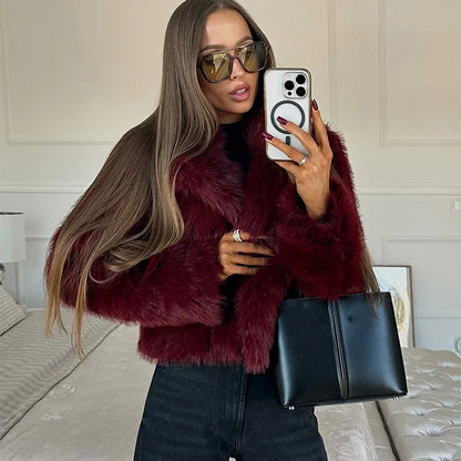 Manteau Élégant en Fausse Fourrure Courte avec Col à Revers - Aurelles