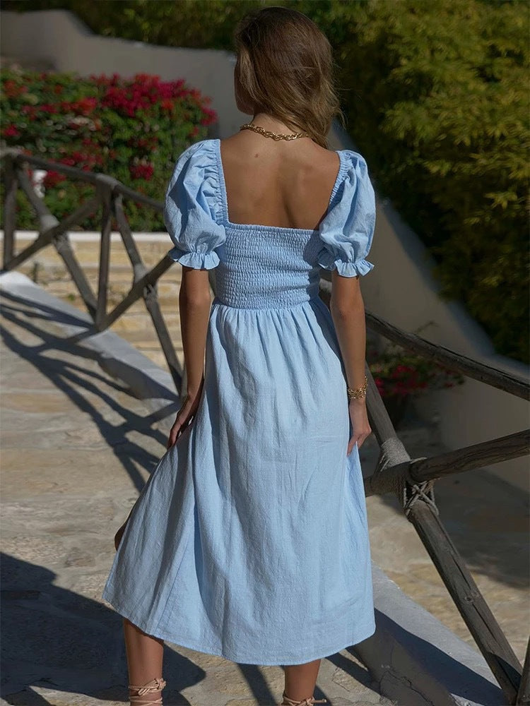 Robe Femme Off-Shoulder – Corsage Froncé – Manches Bouffantes – Fente Latérale – Coupe Élégante