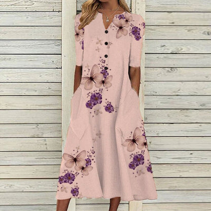 Robe Midi Femme – Col V – Devant Boutonné – Manches Courtes – Imprimé Floral Papillon – Poches