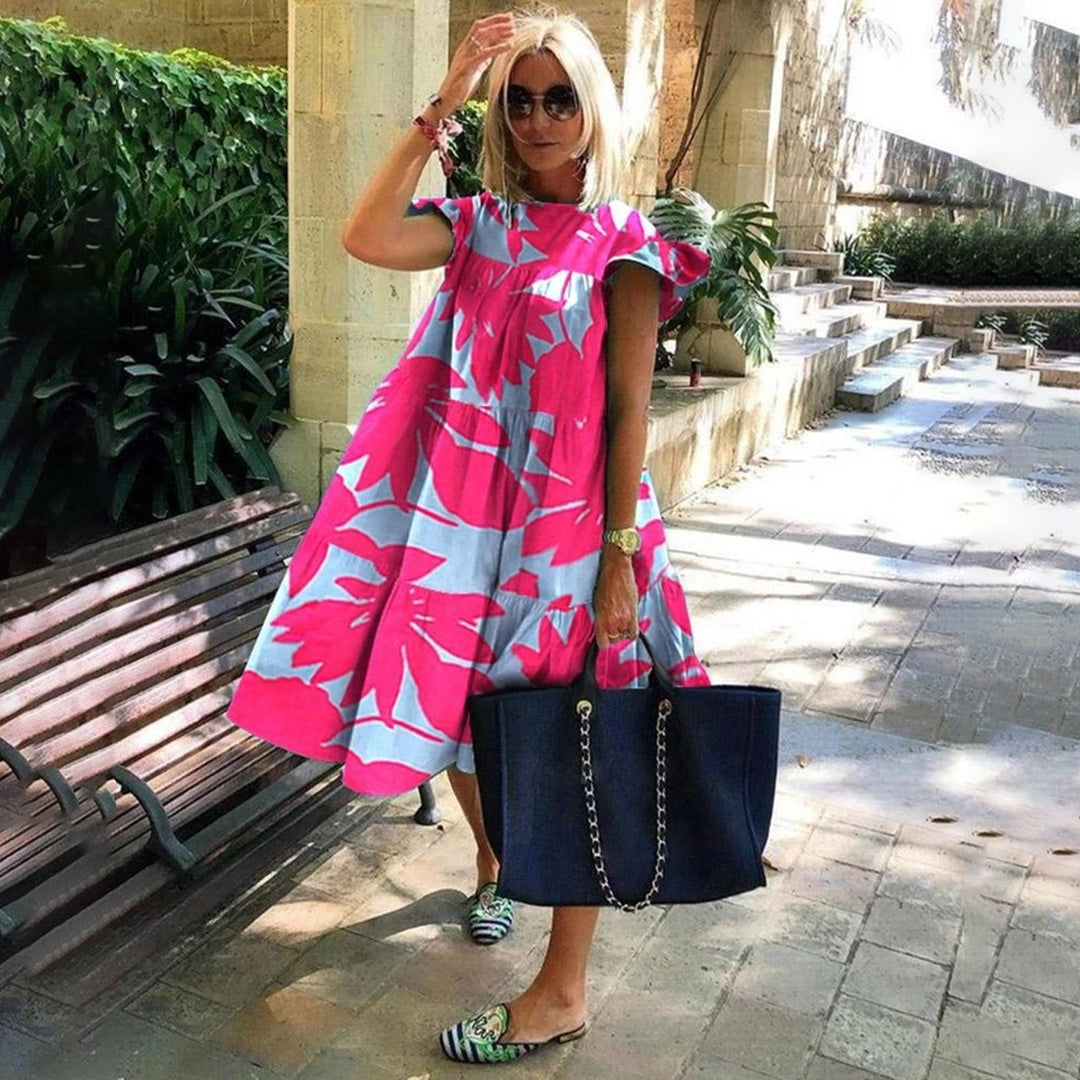 Robe A-Ligne Femme - Longueur Genou - Manches Courtes - Appliqué Floral - Léger - Aurelles