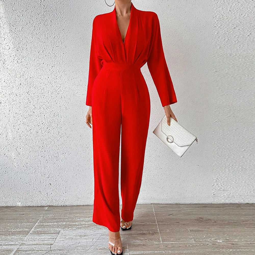 Combinaison Femme - Décolleté en V Profond - Manches Longues - Taille Cintrée - Pantalon Large Élégant - Aurelles