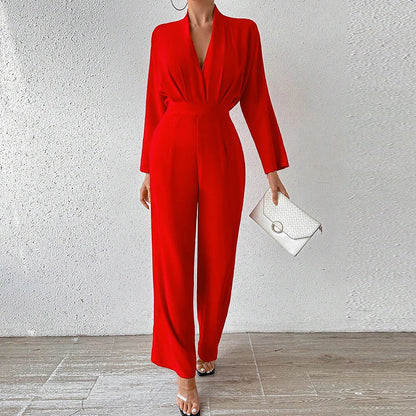 Combinaison Femme - Décolleté en V Profond - Manches Longues - Taille Cintrée - Pantalon Large Élégant - Aurelles