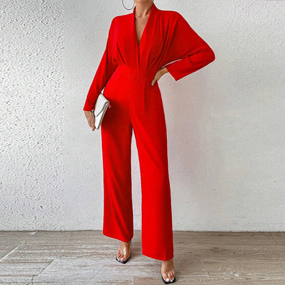 Combinaison Femme - Décolleté en V Profond - Manches Longues - Taille Cintrée - Pantalon Large Élégant - Aurelles