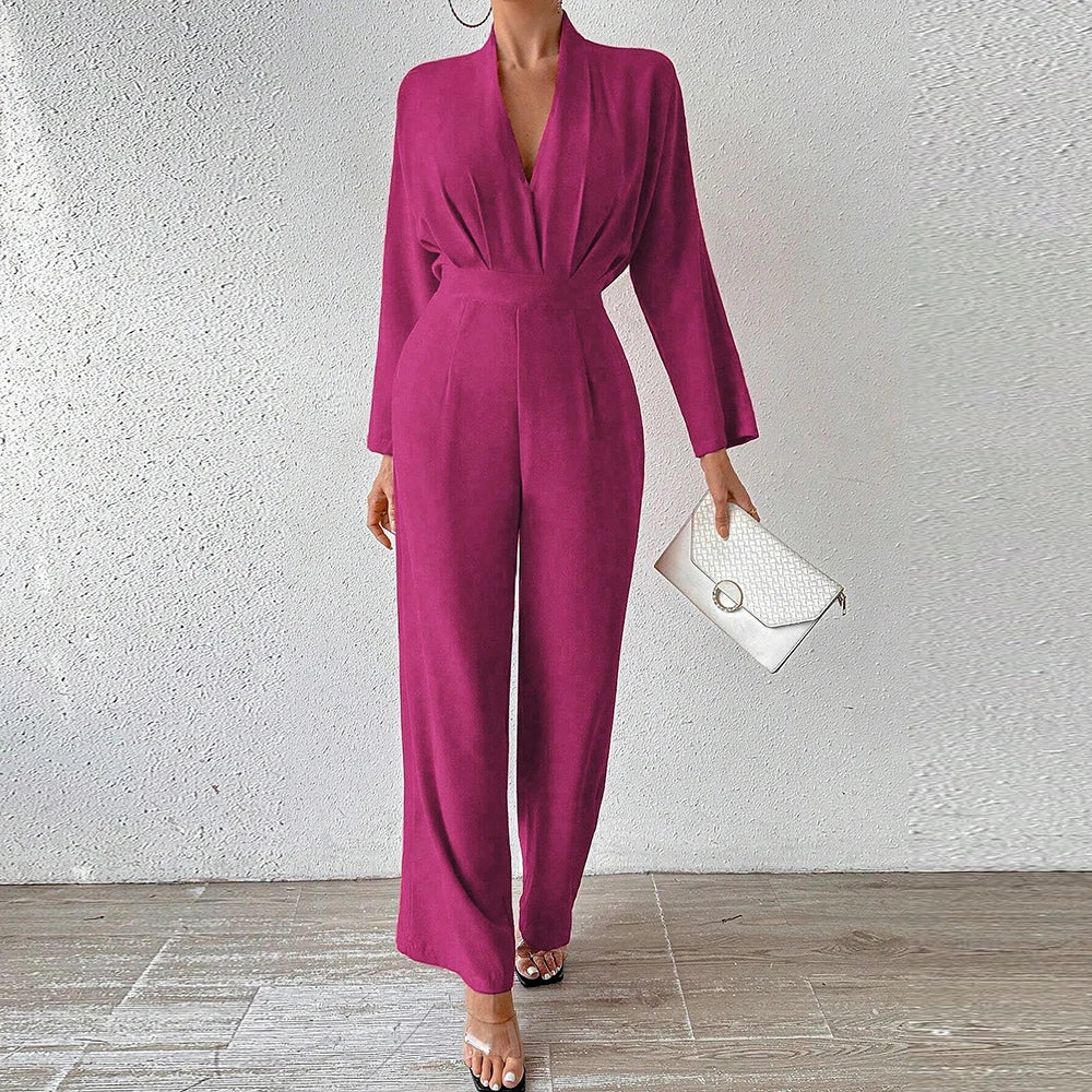 Combinaison Femme - Décolleté en V Profond - Manches Longues - Taille Cintrée - Pantalon Large Élégant - Aurelles