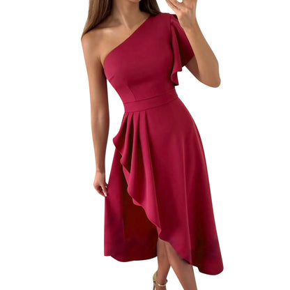 Robe Midi Femme à Épaule Unique – Ourlet Asymétrique Haut-Bas – Vêtements Formels Élégants