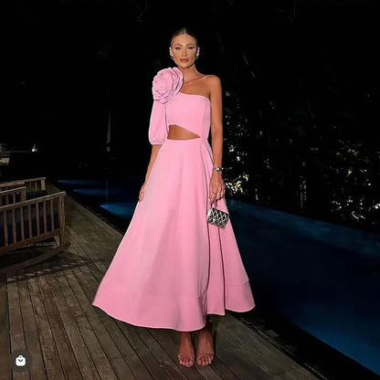 Robe de soirée à épaule unique pour femmes - Appliqué floral - Taille découpée - Jupe fluide