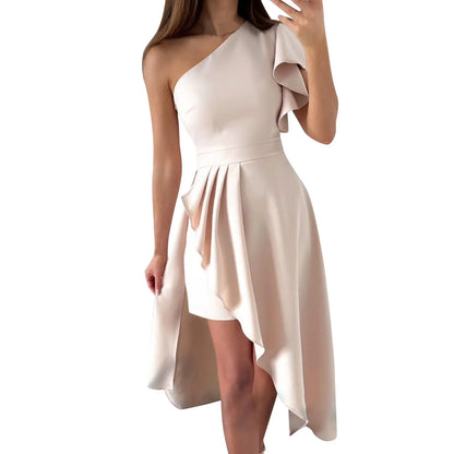 Robe Midi Femme à Épaule Unique – Ourlet Asymétrique Haut-Bas – Vêtements Formels Élégants