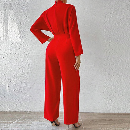 Combinaison Femme - Décolleté en V Profond - Manches Longues - Taille Cintrée - Pantalon Large Élégant - Aurelles