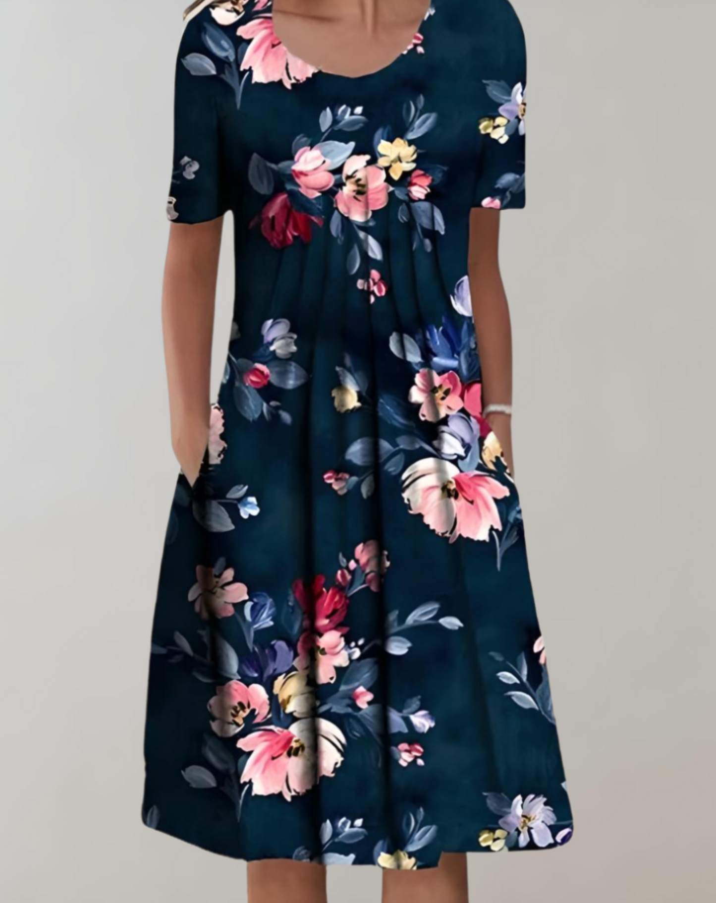 Robe à Smocks Florale avec Poches et Encolure Ronde - Aurelles