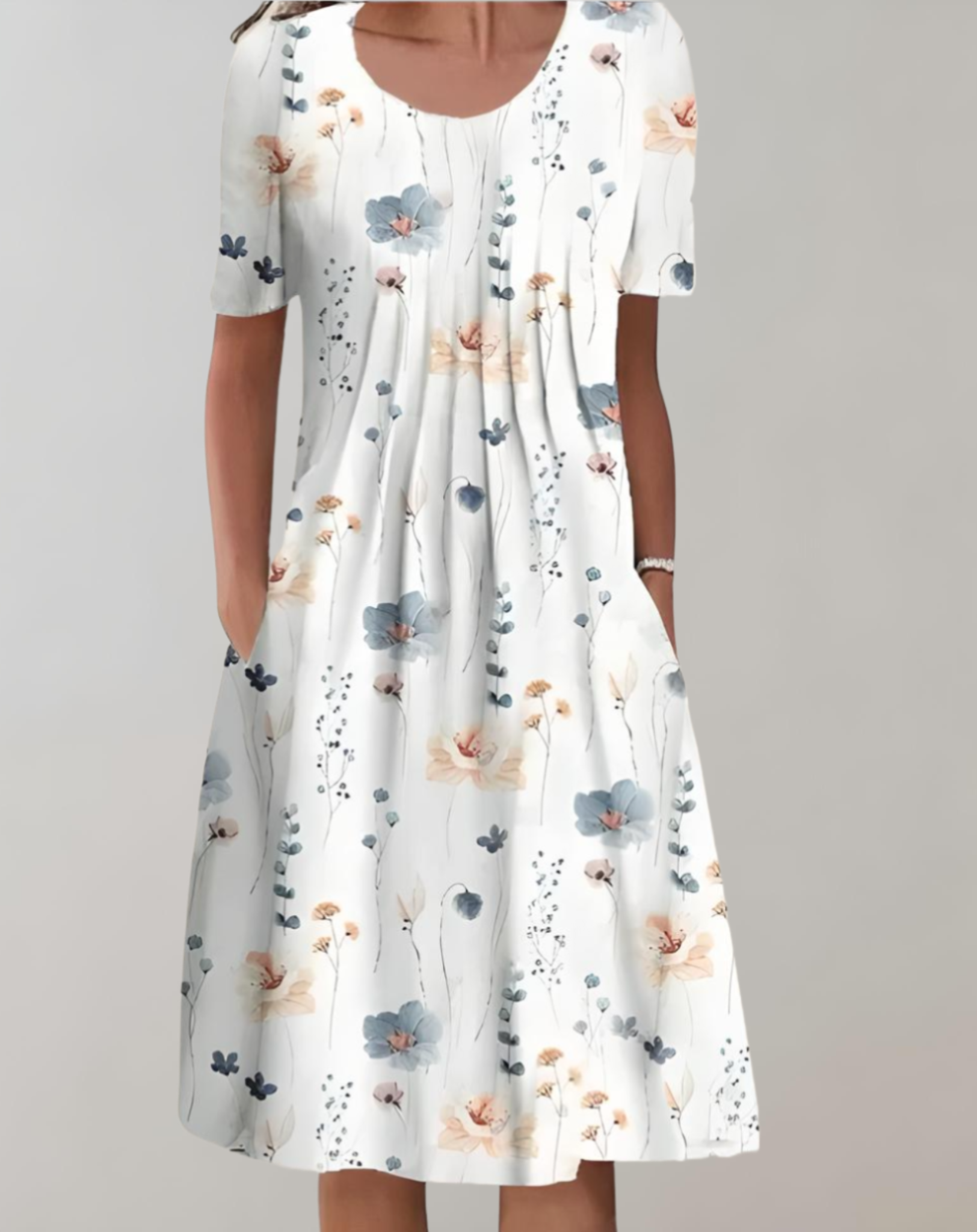 Robe à Smocks Florale avec Poches et Encolure Ronde - Aurelles