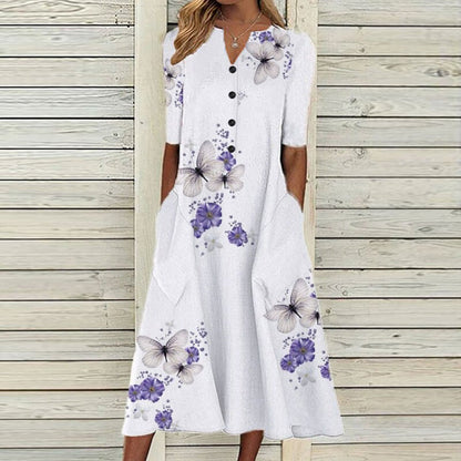 Robe Midi Femme – Col V – Devant Boutonné – Manches Courtes – Imprimé Floral Papillon – Poches