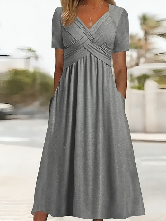 Robe A-Line Femme - Décolleté Croisé - Manches Courtes - Longueur Genou avec Poches - Aurelles