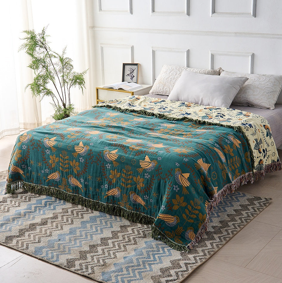 Terra – Plaid Réversible en Coton Motif Oiseaux Scandinaves