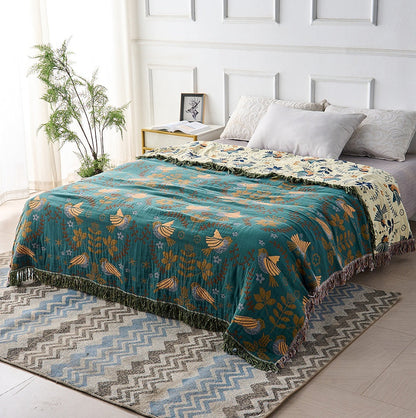 Terra – Plaid Réversible en Coton Motif Oiseaux Scandinaves