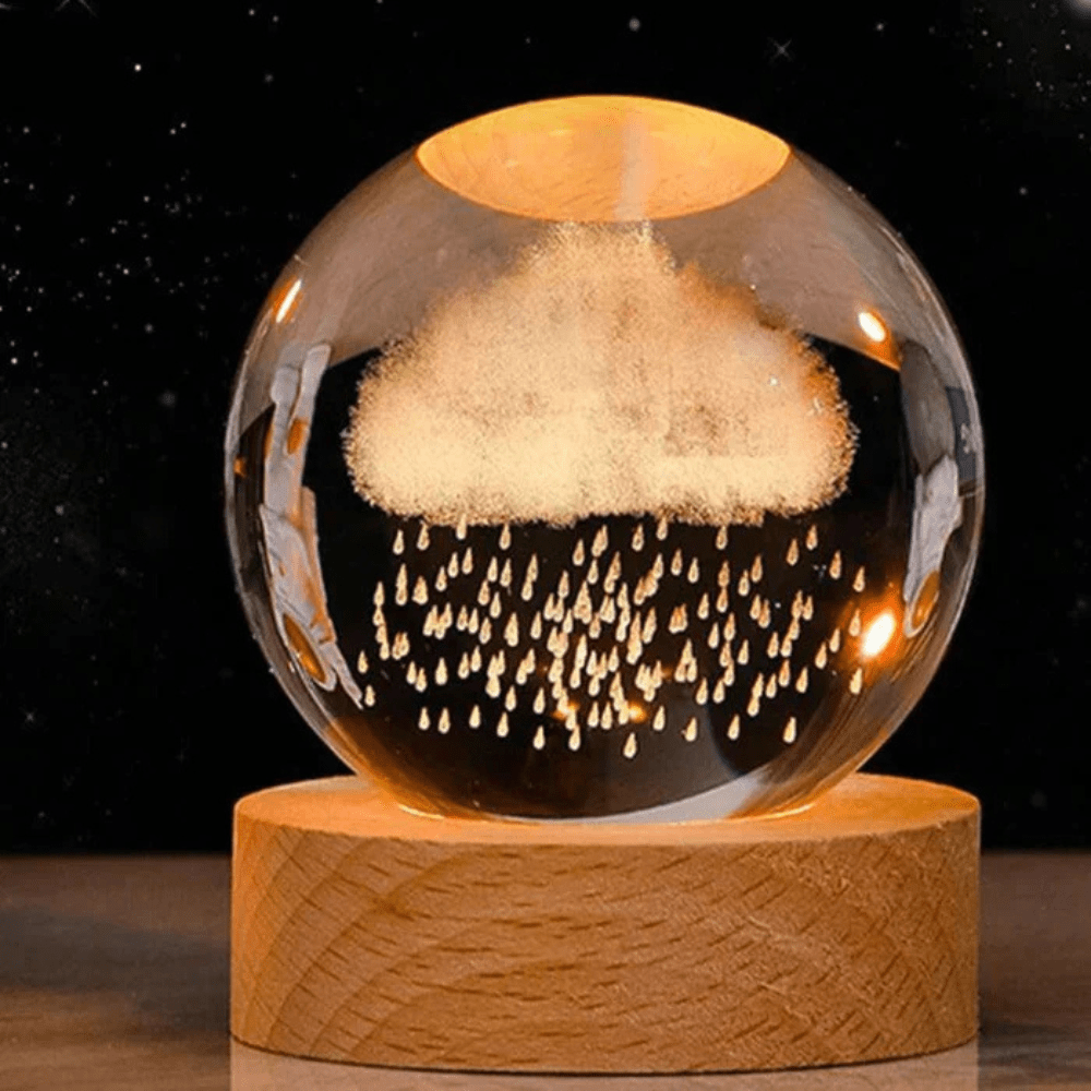 Velora – Boule Lumineuse en Verre Gravé sur Socle en Bois Naturel