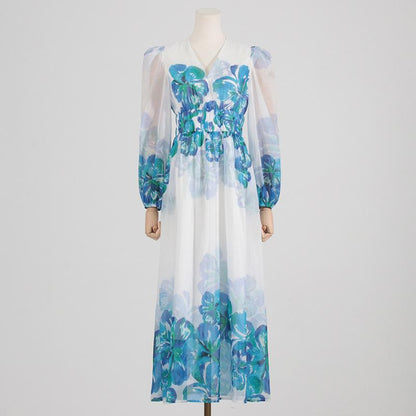 Robe Midi Femme – Col V – Taille Smockée – Manches Longues – Coupe Élégante Légère