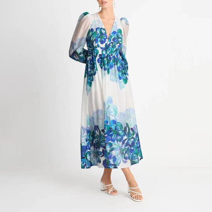 Robe Midi Femme – Col V – Taille Smockée – Manches Longues – Coupe Élégante Légère
