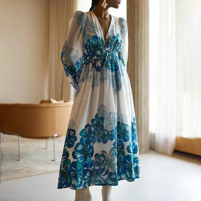 Robe Midi Femme – Col V – Taille Smockée – Manches Longues – Coupe Élégante Légère