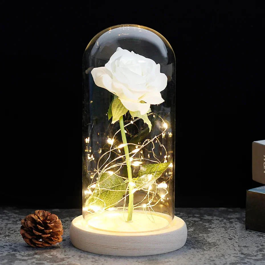 Solène – Rose Préservée sous Cloche en Verre avec LED