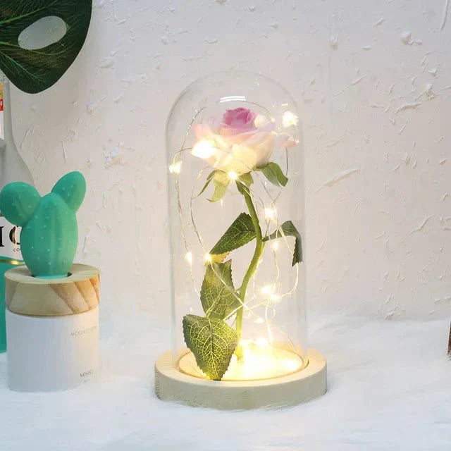 Solène – Rose Préservée sous Cloche en Verre avec LED