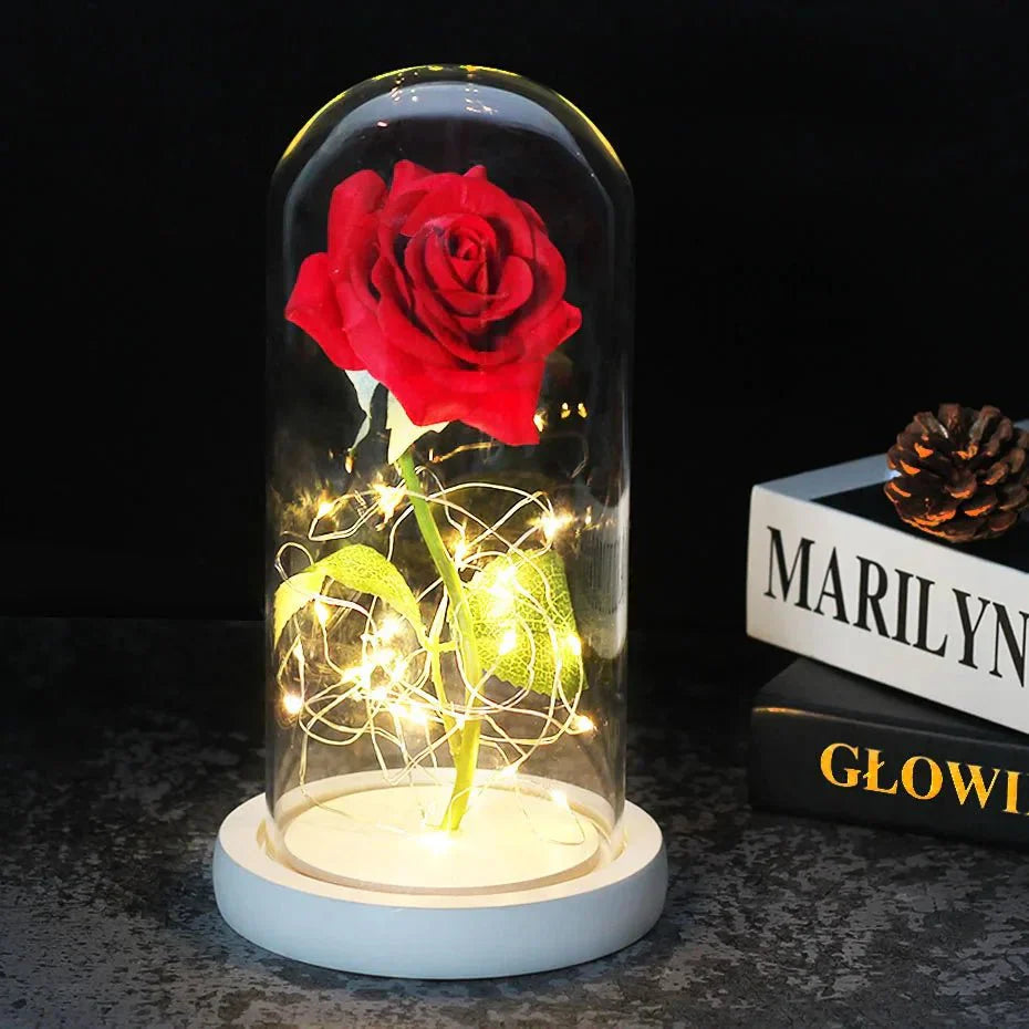 Solène – Rose Préservée sous Cloche en Verre avec LED