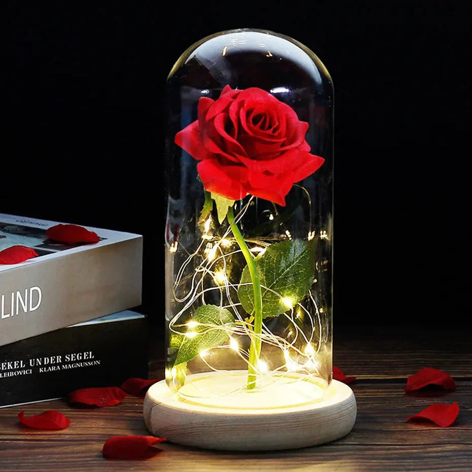 Solène – Rose Préservée sous Cloche en Verre avec LED