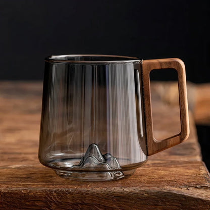 Velora – Tasses à Café en Verre Fumé et Poignée en Noyer (450 ml)