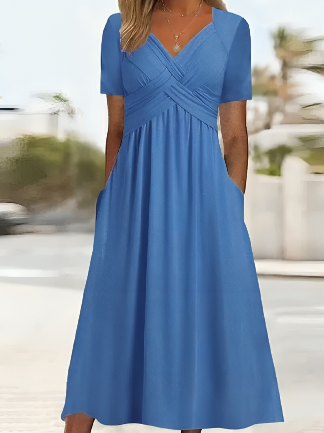 Robe A-Line Femme - Décolleté Croisé - Manches Courtes - Longueur Genou avec Poches - Aurelles