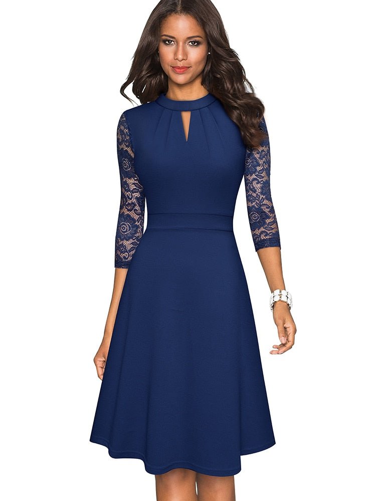 Robe A-Line Femme - Col Haut - Manches 3/4 en Dentelle - Tenue Semi-Formelle Élégante - Aurelles