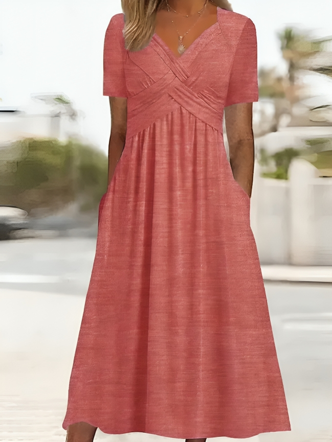 Robe A-Line Femme - Décolleté Croisé - Manches Courtes - Longueur Genou avec Poches - Aurelles