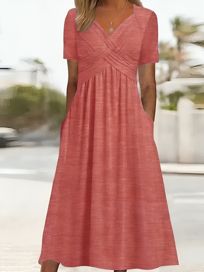 Robe A-Line Femme - Décolleté Croisé - Manches Courtes - Longueur Genou avec Poches - Aurelles